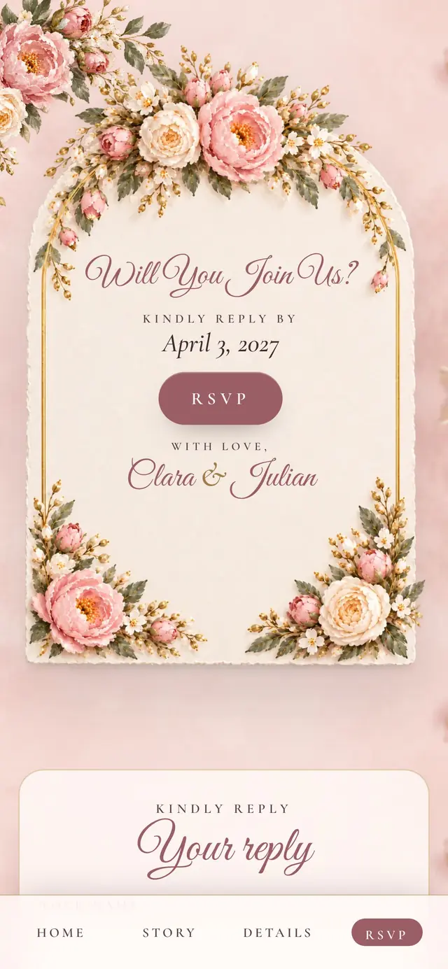 Blush Garden Rose design, RSVP page (demo couple Clara & Julian)