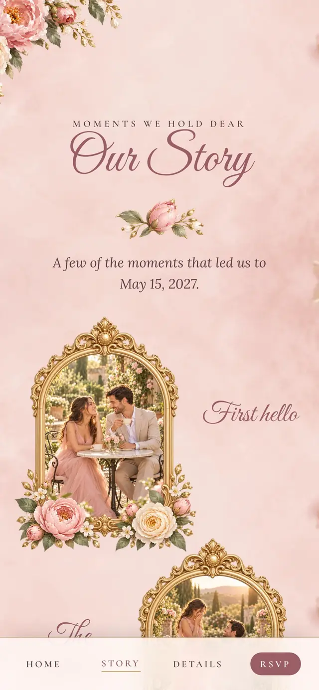 Blush Garden Rose design, Our Story page (demo couple Clara & Julian)