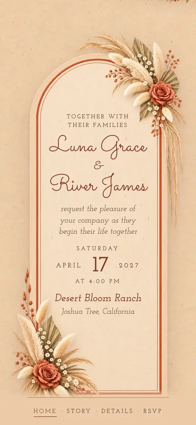 Boho Pampas Terracotta : Carte d’invitation (contenu de démo)