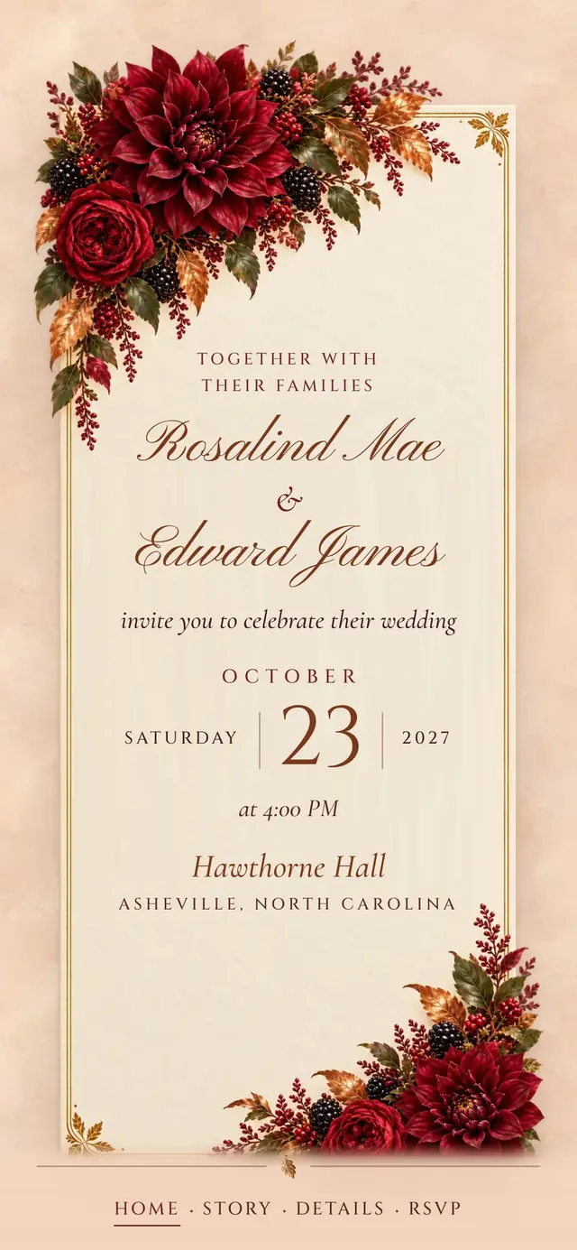 Burgundy Velvet Autumn: Invitation card (demo content)