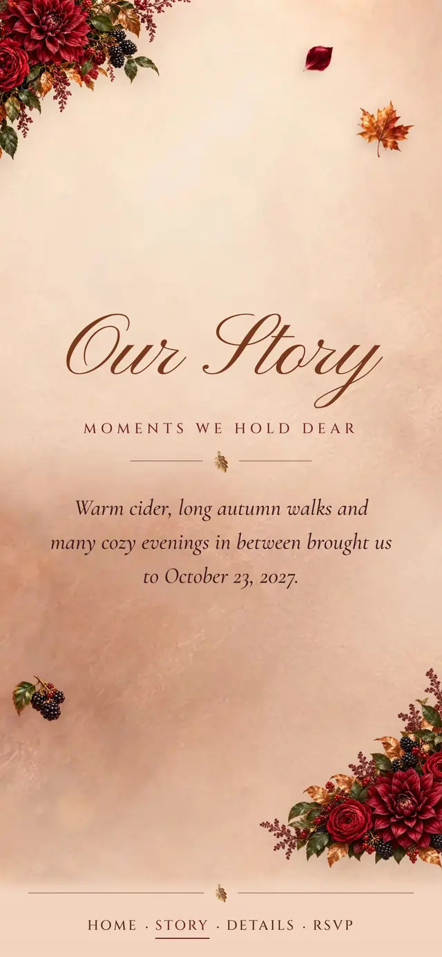 Burgundy Velvet Autumn: Our Story page with demo content