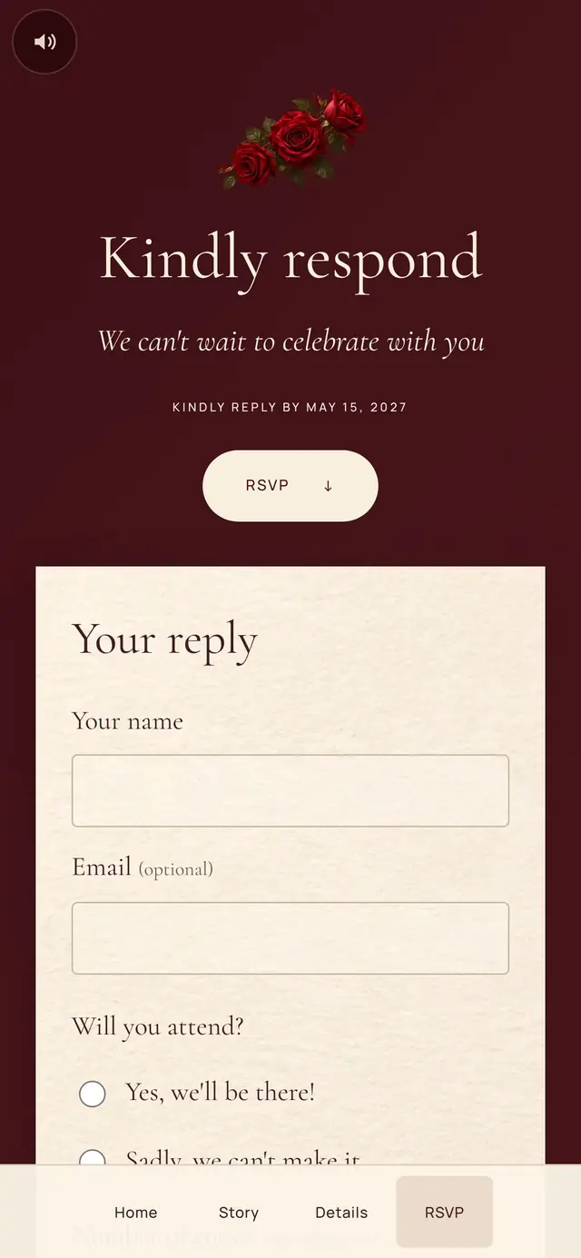 Crimson Rose Atelier: RSVP page with demo content