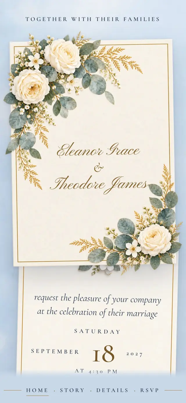 Dusty Blue & Champagne: Tarjeta de invitación (contenido de demo)