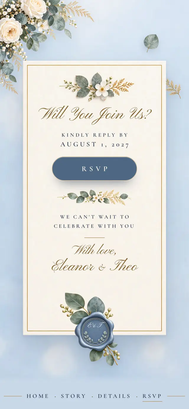 Dusty Blue & Champagne: página RSVP con contenido de demo