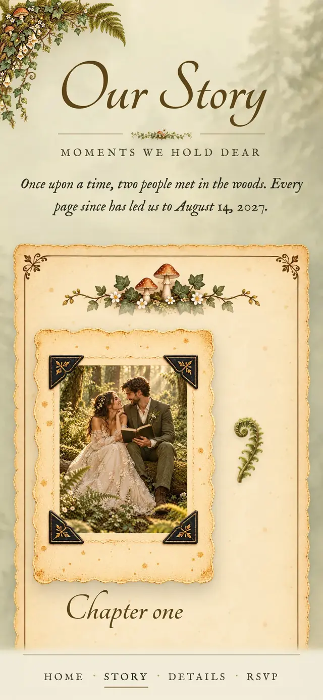 Enchanted Forest Storybook: Our Story page with demo content