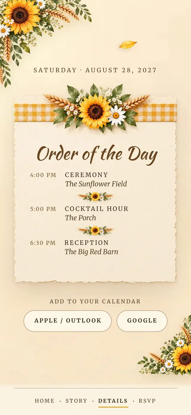 Sunflower Rustic Barn: Schedule (demo content)