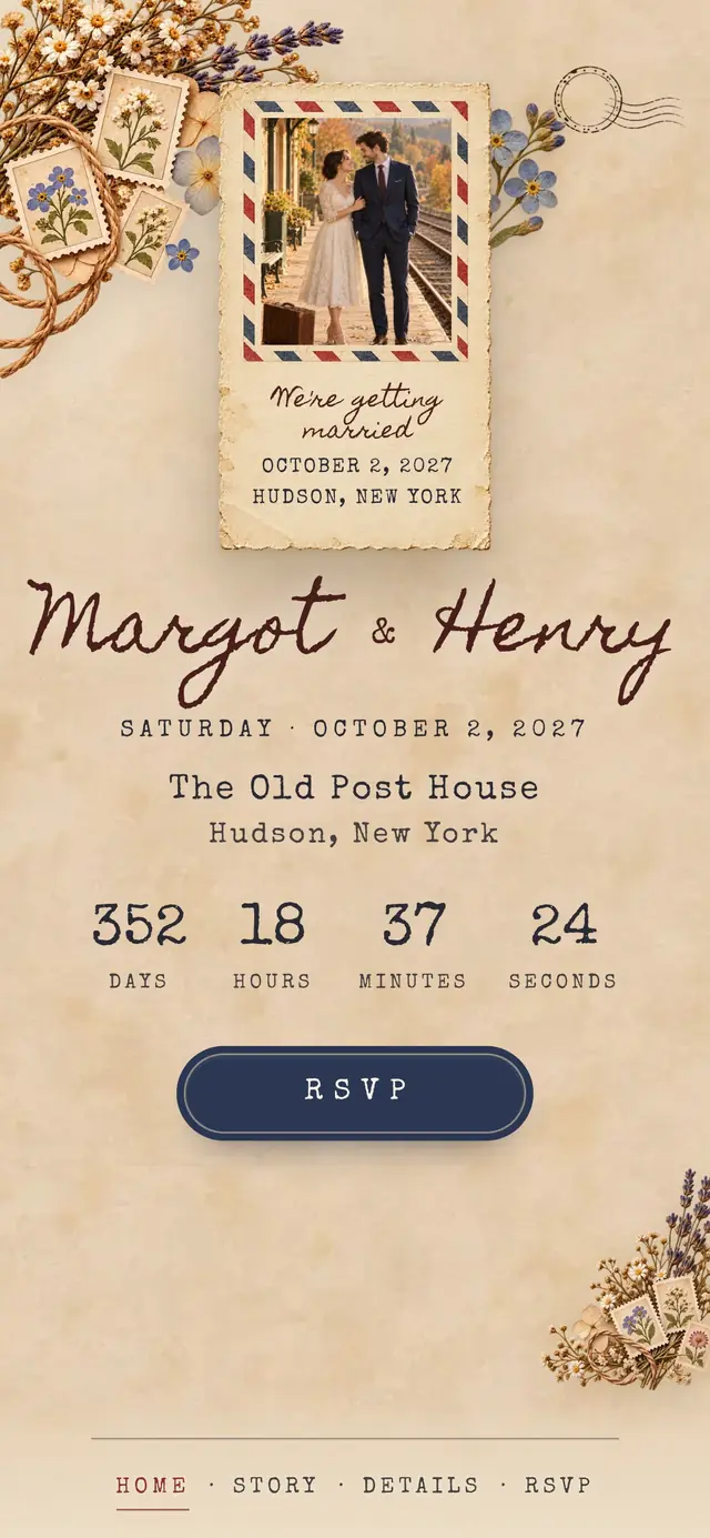Vintage Airmail Love Letter: Home page with demo content