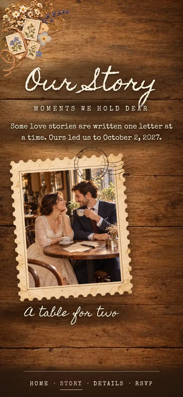 Vintage Airmail Love Letter: Our Story page with demo content