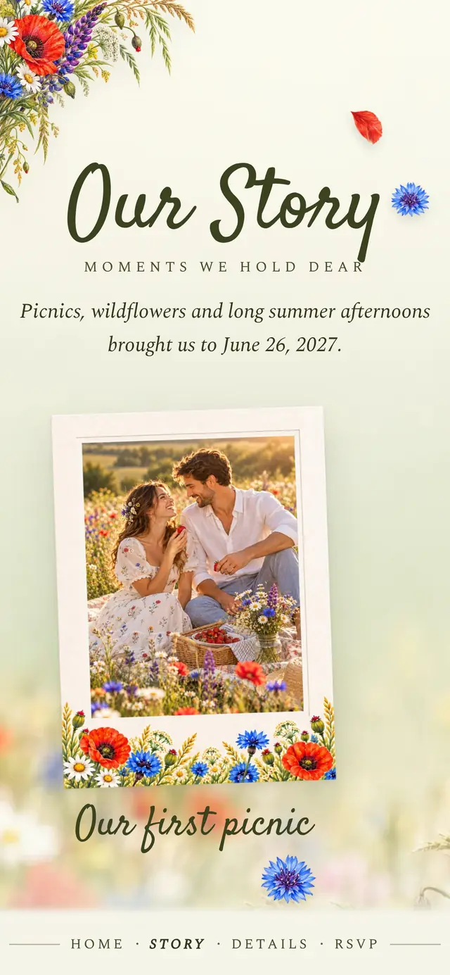 Wildflower Meadow Vellum: Our Story page with demo content