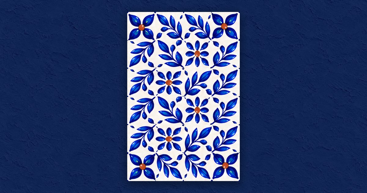 Illustration der Hochzeitswebsite Azulejo Mosaic: eine wand aus blau-weißen azulejo-fliesen, die sich eine nach der anderen umdrehen, terrakotta und kalkweiß, und fotos, die fliese für fliese erscheinen