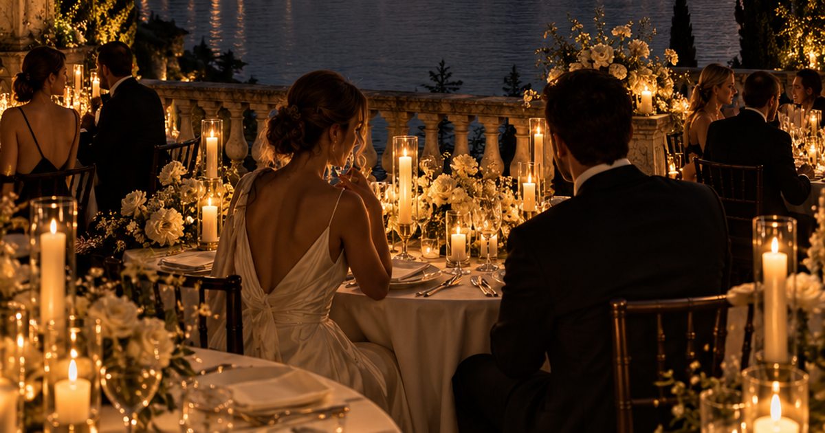 Nocturne Lake Estate düğün websitesi çizimi: göl kıyısında black tie: altın mühür mumlu siyah bir zarf, alacakaranlıkta como gölü ve asimetrik bir fotoğraf galerisi